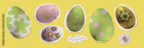 Set of engraving eggs. Easter symbols. Paper stickers of chicken egg in halftone collage style. Different types of egg painting. Elegant vintage style. Vector torn out papers.
