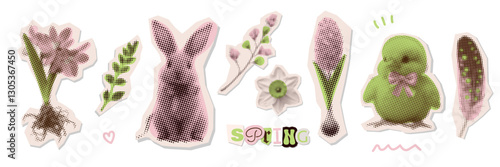Cutout Color Halftone spring paper stickers Set. Contemporary collage elements in a retro pop art style. Clipping scrapbook stickers with ripped paper. Vintage monochrome herbarium, rabbit, chick.