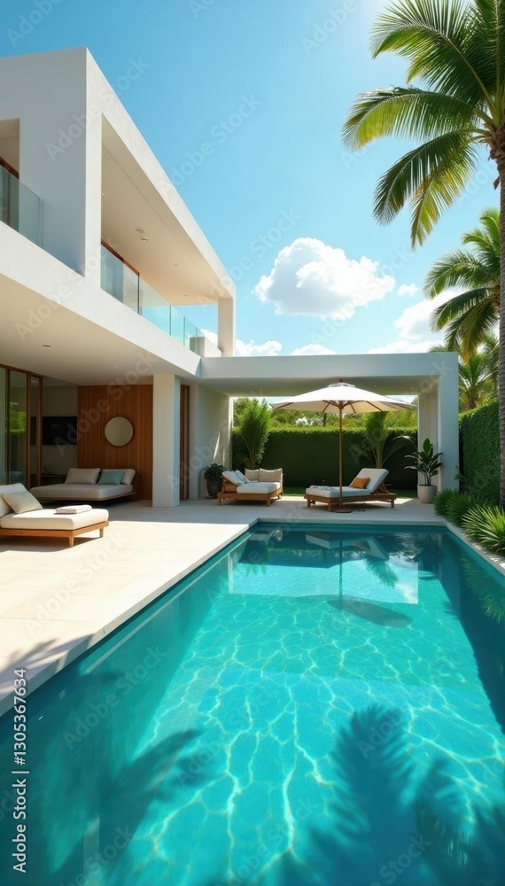 Fototapeta premium Sun-drenched villa, expansive pool, modern interior, architecture, clean