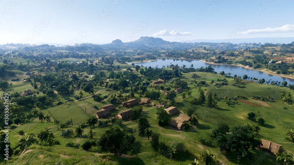 Fototapeta premium Scenic Aerial View of Lush Green Landscape with Water Body