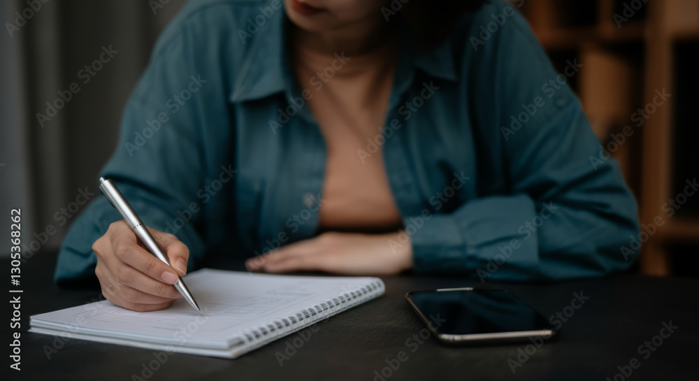 Young asian female writing notes in notepad while using smartphone at desk Young asian female writing notes in notepad while using smartphone at desk