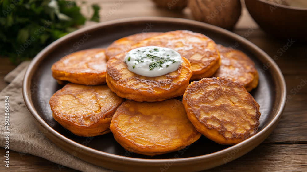 spiced sweet potato pancakes with coconut coriander yogurt on a rustic wooden table spiced sweet potato pancakes with coconut coriander yogurt on a rustic wooden table