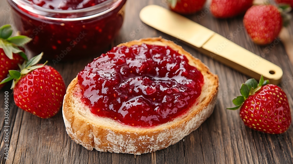 Strawberry jam on toast, spreading, rustic wooden table, ripe fruit background, breakfast Strawberry jam on toast, spreading, rustic wooden table, ripe fruit background, breakfast
