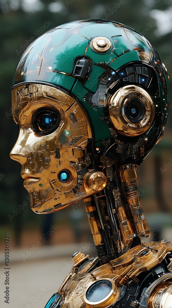 Fototapeta premium Gold robot head outdoors, blurred trees behind
