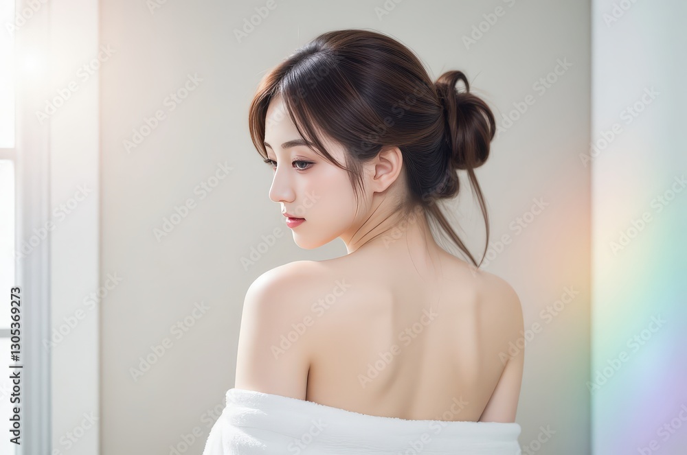 Elegant Asian Woman with Sensual Back in Bathrobe: Beauty, Skin Care, Spa, Wellness, Relaxation, Model, Asian Beauty, Serene, Light, Beautiful, Female Elegant Asian Woman with Sensual Back in Bathrobe: Beauty, Skin Care, Spa, Wellness, Relaxation, Model, Asian Beauty, Serene, Light, Beautiful, Female