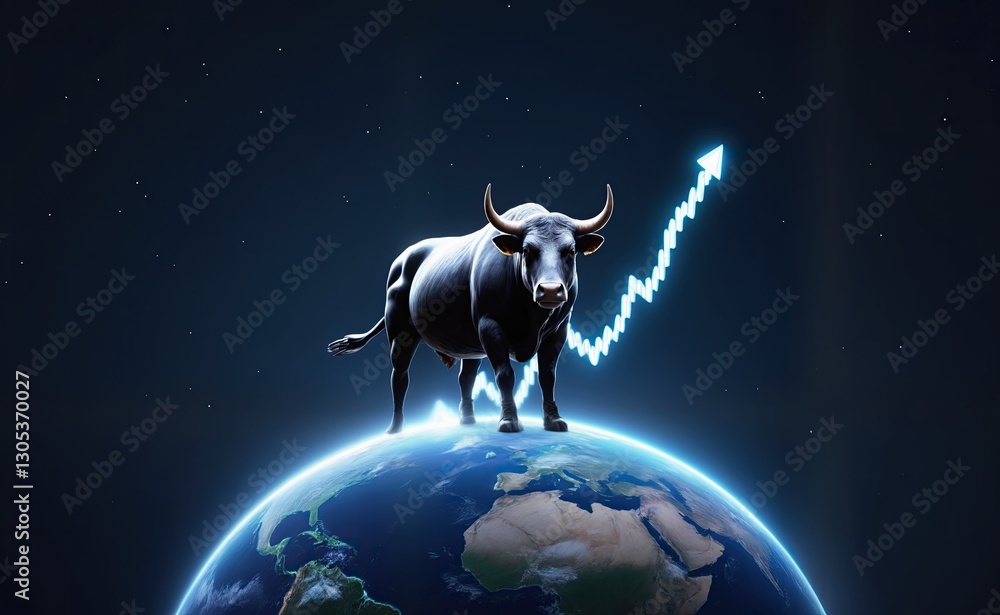 Naklejka premium Bull Symbolizing Strength and Growth on Globe with Rising Trend Line