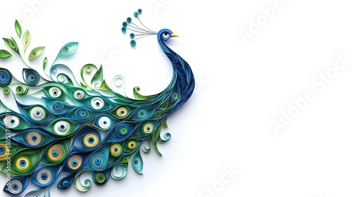 Creative Artistic Handmade Colorful Paper Quilled Peacock on White Background