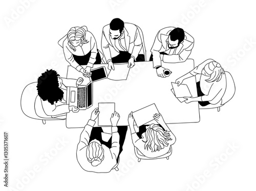 Business team members working together top view. Set of businessmen, businesswomen sitting around the desk discussing, brainstorming. Vector simple outline illustration Isolated 