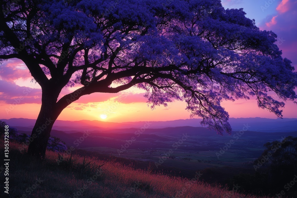 Jacaranda tree silhouette at sunset with purple blooms Jacaranda tree silhouette at sunset with purple blooms