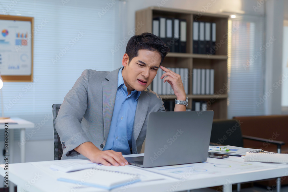 Professional stressed while working, clutching head near laptop, exhibiting tension from overwhelming workload in contemporary office setting