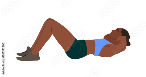 Black sports woman exercising on the floor. African american Female athlete training. Pretty Girl character doing fitness, pilates, abdominal exercise. Vector illustration isolated