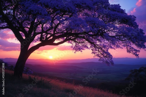 Jacaranda tree silhouette at sunset with purple blooms