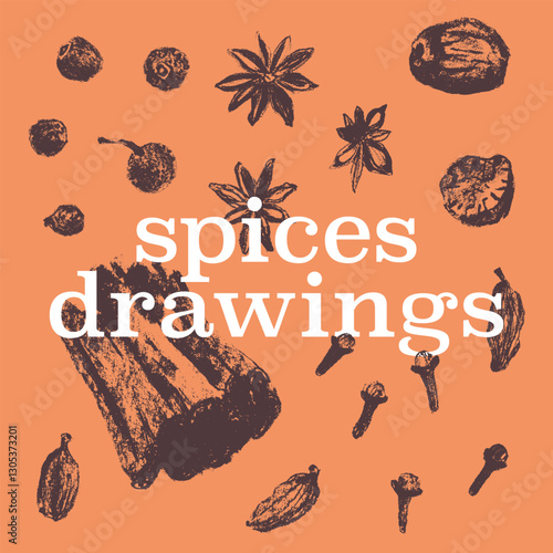 Vector spices drawings in hand-drawn style. Natural paper texture. Organic spice illustrations - clove icon, peppercorns symbol, star anise sketch, nutmeg, ginger root sign, cinnamon, cardamom