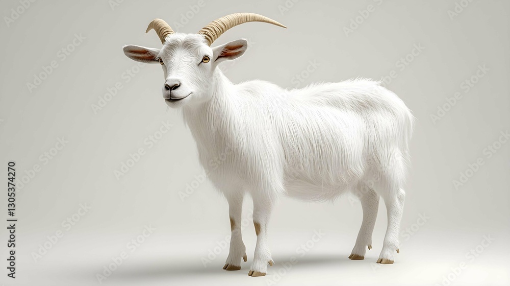 Obraz premium Majestic White Goat Portrait: A pristine white goat stands proudly, its curved horns adding a touch of regality, captured in stunning detail.