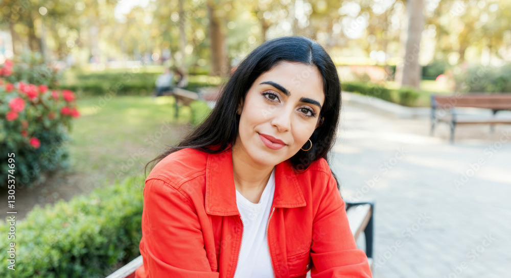 Young asian female smiling in park with red jacket on sunny day Young asian female smiling in park with red jacket on sunny day