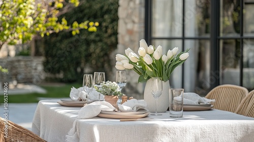 A clean outdoor table setup styled with fresh tulips and light-colored linens. background