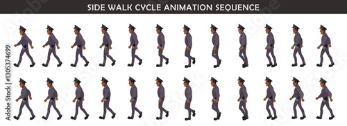 Police Officer Character walk cycle animation sequence. Front walk frame by frame animation sprite sheet.