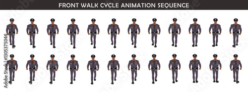 Police Officer Character walk cycle animation sequence. Front walk frame by frame animation sprite sheet.