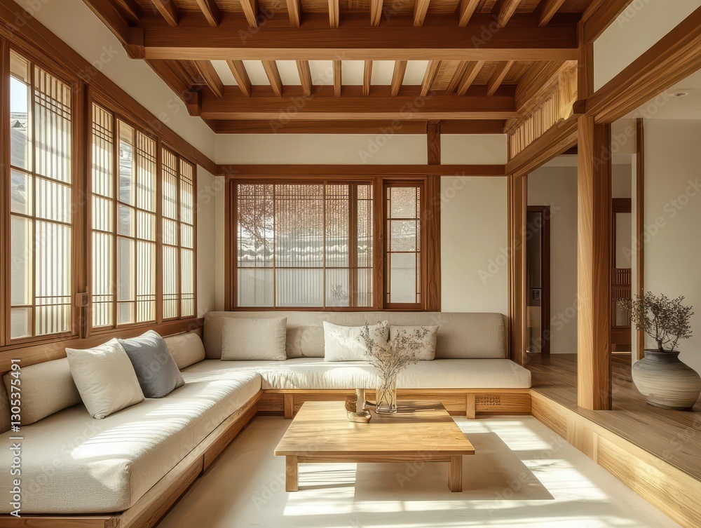Fototapeta premium A light filled wooden interior living room space setting