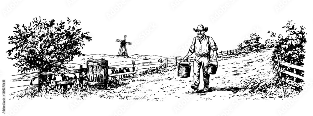 Obraz premium Engraved illustration of a farmer walking with milk buckets near a windmill and fence in a rural landscape