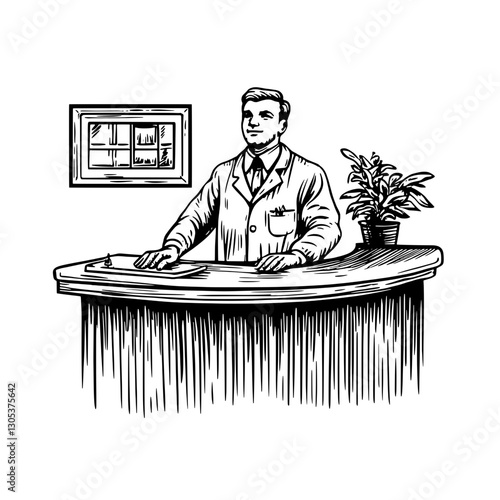 Receptionist at a welcoming front desk in a professional setting, engaging with visitors during the day