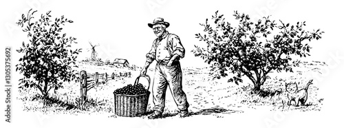 Engraved illustration of a farmer harvesting grapes in a rural vineyard surrounded by trees