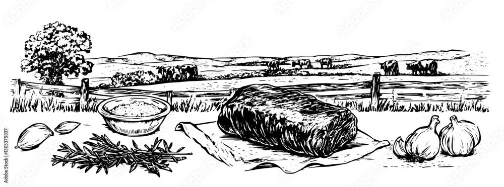 Obraz premium Engraved illustration of culinary ingredients in a rural landscape featuring herb, garlic, and meat