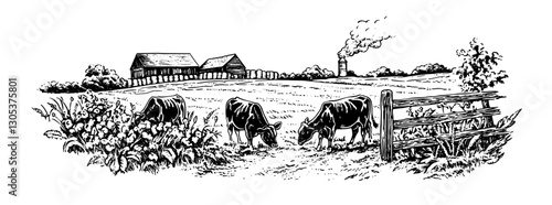 Engraved illustration of cows grazing near a farmhouse under a clear sky with a billowing smoke from a chimney