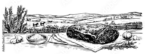 Engraved illustration of a rustic landscape featuring cured meat beside herbs and vegetables in a serene countryside setting