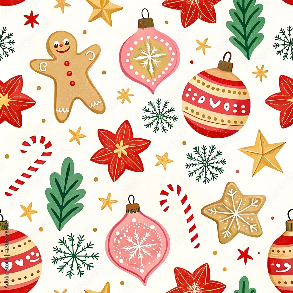 Festive christmas seamless pattern with gingerbread ornaments candy red art pink gold cute card star Festive christmas seamless pattern with gingerbread ornaments candy red art pink gold cute card star