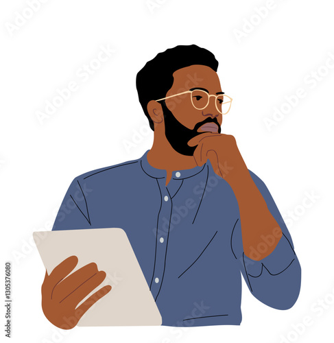 Black man thinking about business problems. Thoughtful person holding digital tablet. Puzzled african american guy pondering, doubting. Cartoon vector illustration isolated