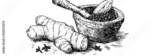 Engraved illustration of ginger root and mortar with pestle on a textured surface