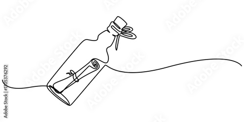 Continuous one line drawing of a message in a bottle. Simple vector illustration, Message in a bottle one line art, Icon with reflection on white background, SOS concept. Single line draw, minimal.   