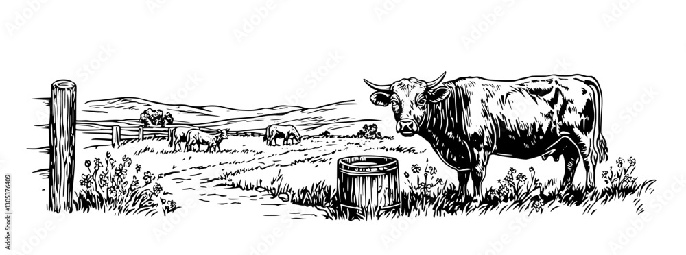Obraz premium Engraved illustration of grazing cows in a pastoral landscape with mountains and a wooden fence in the background