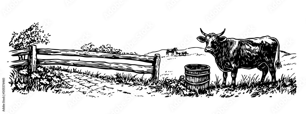 Obraz premium Cow grazing near wooden fence and barrel in a tranquil countryside setting illustrated in vector style