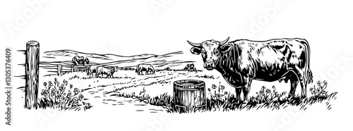 Engraved illustration of grazing cows in a pastoral landscape with mountains and a wooden fence in the background