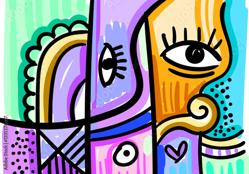 abstract face illustration that combines artistic elements with minimalistic or expressive shapes. 