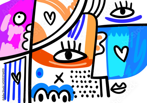 abstract face illustration that combines artistic elements with minimalistic or expressive shapes. 