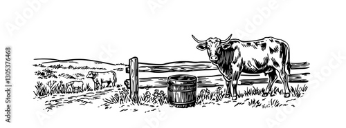 Engraved illustration of cows near a barrel in a rural landscape with rolling hills and serene waters in the background