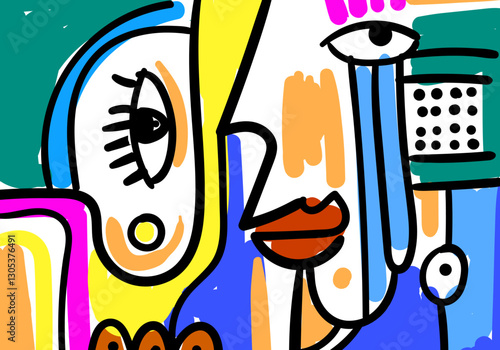 abstract face illustration in a cubist and pop art style, featuring geometric shapes