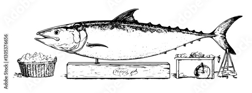 Engraved vector illustration of a large fish display with culinary tools and ice at a market setting