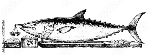 Engraved illustration of a large fish being weighed on a scale in a market setting