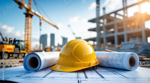 Construction Site Safety Helmet and Blueprints