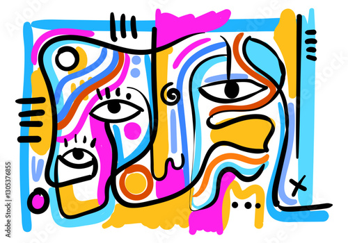 abstract face illustration in a cubist and pop art style, featuring geometric shapes