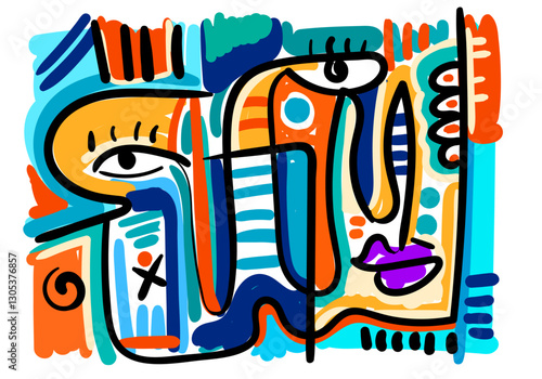 abstract face illustration in a cubist and pop art style, featuring geometric shapes