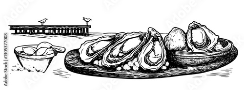 Freshly harvested oysters displayed on a wooden platter near a seaside pier during a coastal dining experience