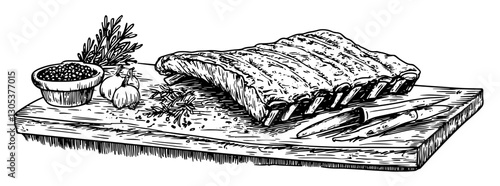 Engraved illustration of a rustic meat dish with herbs and condiments on a wooden cutting board