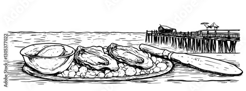 Engraved illustration of fresh oysters served with lemon on a plate overlooking a pier at the seaside