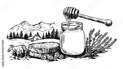 Engraved illustration of honey jar with honey dipper, cheese, and farm landscape showcasing rural life
