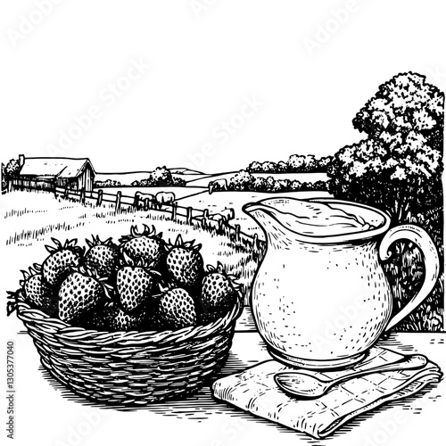 Fresh strawberries and cream pitcher on a rustic table with a countryside background